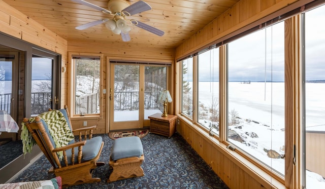 sunroom with a wealth of natural light, wood ceiling, and a ceiling fan