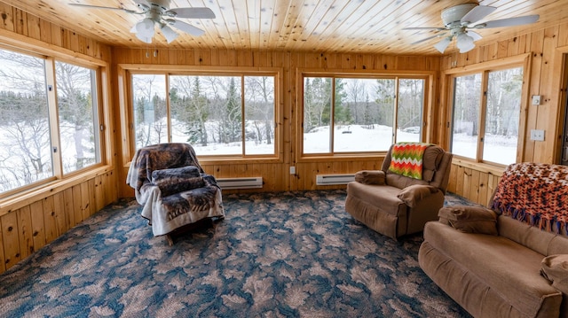 sunroom with wood ceiling, a baseboard heating unit, and ceiling fan