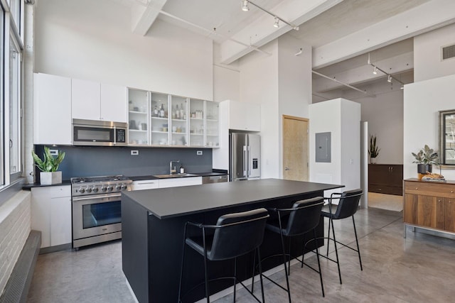 kitchen with appliances with stainless steel finishes, dark countertops, a towering ceiling, and finished concrete flooring