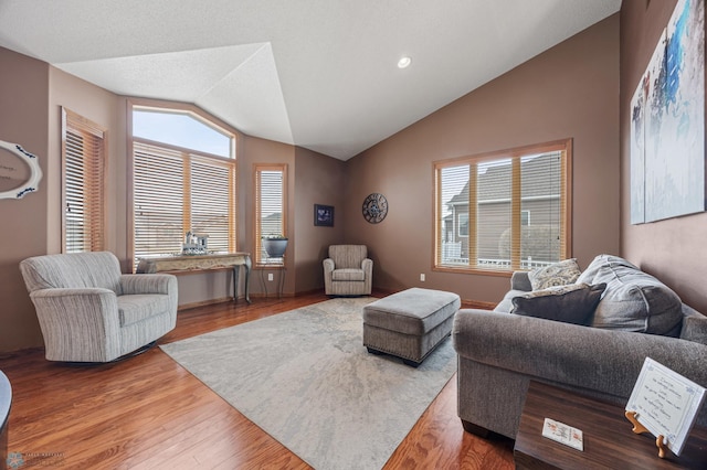 living area with lofted ceiling and wood finished floors