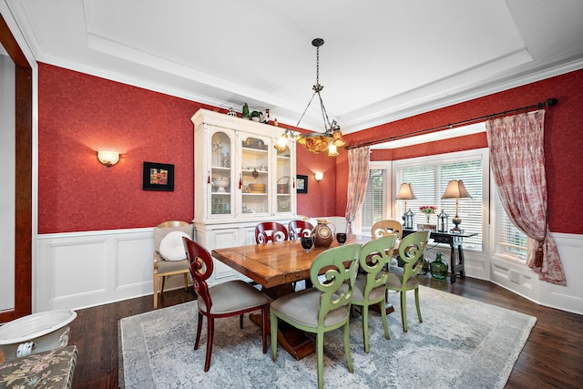 6155 Murray Ct, Shorewood, MN 55331 - dining room with a raised ceiling, wainscoting, dark wood finished floors, ornamental molding, and a decorative wall