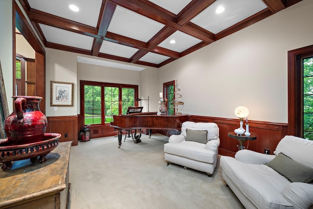 6155 Murray Ct, Shorewood, MN 55331 - office area featuring a wainscoted wall, coffered ceiling, beam ceiling, carpet flooring, and wood walls