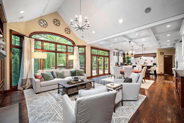 6155 Murray Ct, Shorewood, MN 55331 - living room featuring a chandelier, recessed lighting, dark wood-type flooring, beam ceiling, and coffered ceiling