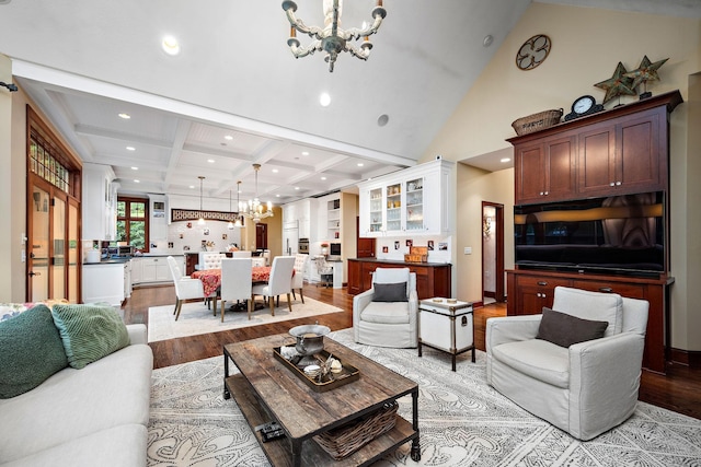 6155 Murray Ct, Shorewood, MN 55331 - living room featuring a chandelier, light wood-style flooring, coffered ceiling, recessed lighting, and beamed ceiling
