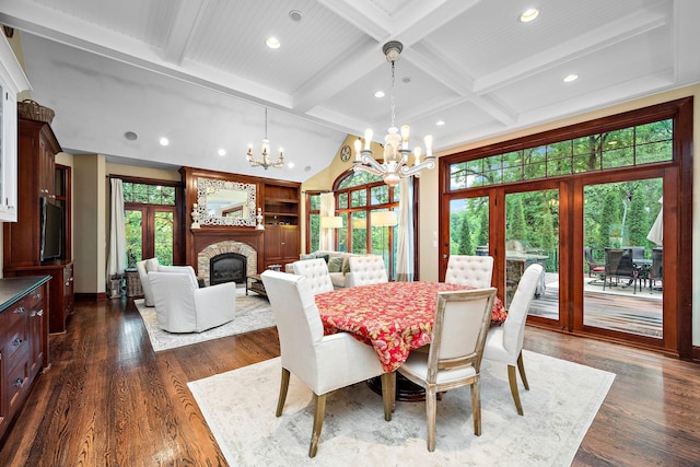6155 Murray Ct, Shorewood, MN 55331 - dining space featuring a chandelier, a glass covered fireplace, recessed lighting, dark wood-type flooring, and beam ceiling
