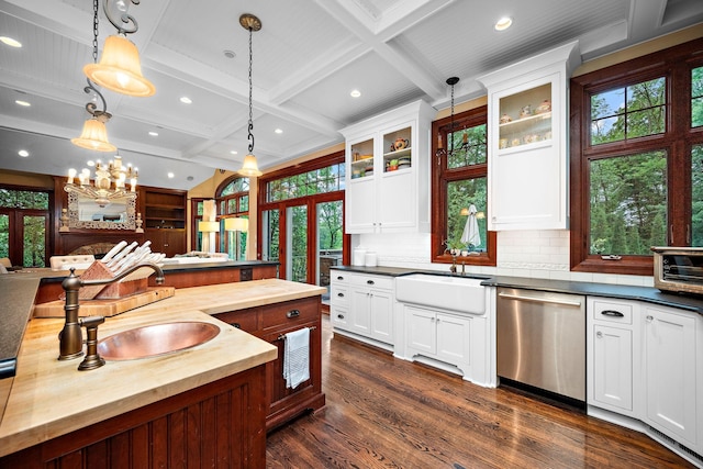6155 Murray Ct, Shorewood, MN 55331 - kitchen with dishwasher, coffered ceiling, dark wood-type flooring, glass insert cabinets, and decorative light fixtures