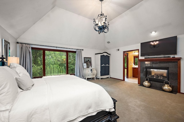 6155 Murray Ct, Shorewood, MN 55331 - carpeted bedroom featuring high vaulted ceiling, a fireplace, and a chandelier