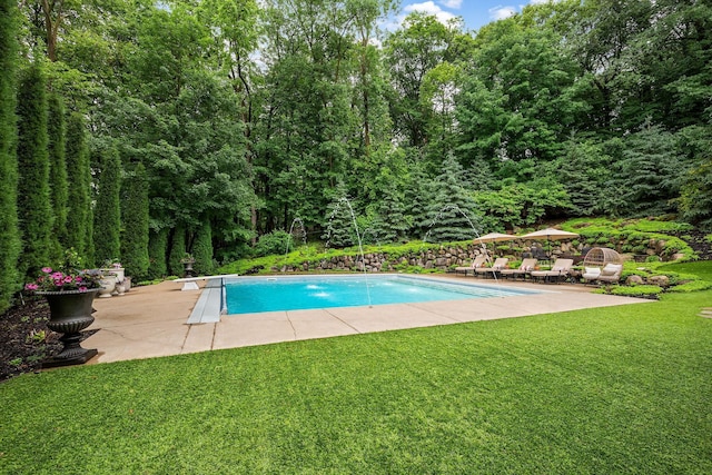 6155 Murray Ct, Shorewood, MN 55331 - swimming pool featuring a lawn, a patio area, a diving board, and a view of trees