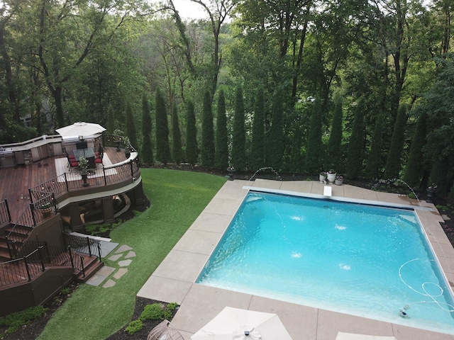 6155 Murray Ct, Shorewood, MN 55331 - outdoor pool featuring stairs, a wooden deck, a yard, and a wooded view