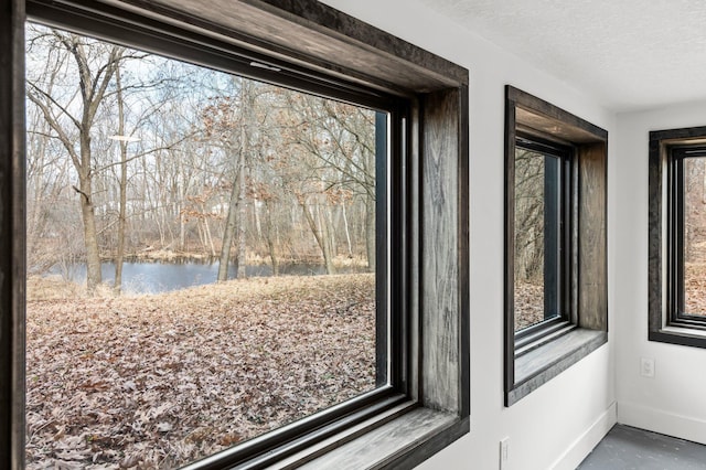 details featuring a water view, baseboards, and a textured ceiling