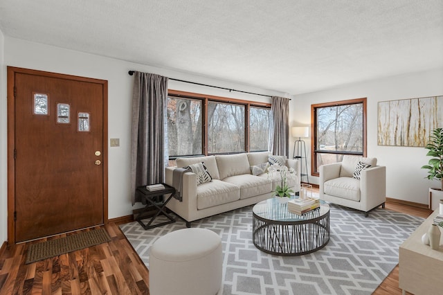 living area featuring a textured ceiling, baseboards, and wood finished floors