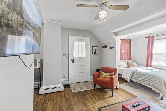 bedroom featuring a baseboard heating unit, ceiling fan, baseboards, lofted ceiling, and wood finished floors