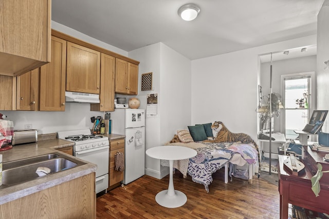 kitchen featuring under cabinet range hood, white appliances, dark wood-type flooring, and a sink