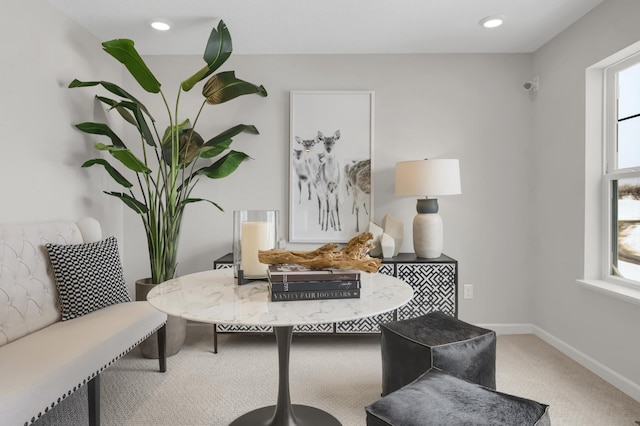 sitting room featuring recessed lighting, carpet flooring, and baseboards