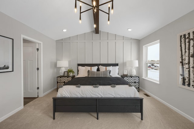 bedroom featuring carpet, visible vents, lofted ceiling with beams, and baseboards