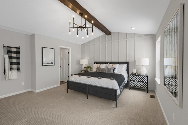 carpeted bedroom featuring a chandelier, visible vents, lofted ceiling with beams, and baseboards