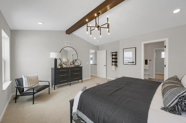 bedroom featuring a notable chandelier, visible vents, lofted ceiling with beams, light carpet, and baseboards