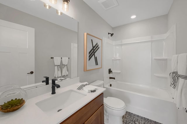 full bath with toilet, washtub / shower combination, visible vents, and vanity