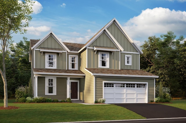 view of front of house with aphalt driveway, a garage, a shingled roof, a front lawn, and board and batten siding