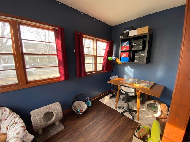 office area featuring wood finished floors and baseboards