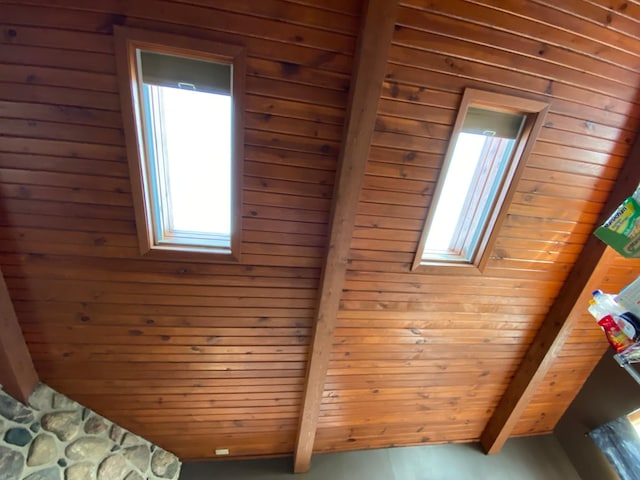 interior details featuring wooden walls and a skylight