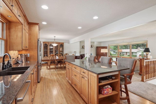 kitchen featuring light wood finished floors, open shelves, stainless steel appliances, open floor plan, and a sink