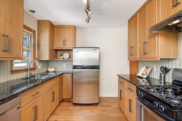 kitchen with dark stone countertops, a sink, light wood-style floors, under cabinet range hood, and appliances with stainless steel finishes