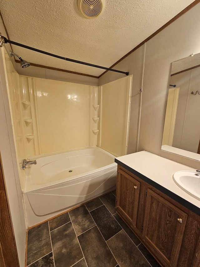 5 Orleans Ave, Inver Grove Heights, MN 55076 - bathroom featuring bathing tub / shower combination, vanity, a textured ceiling, and crown molding