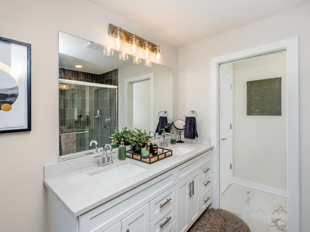 full bathroom with marble finish floor, visible vents, a sink, and a shower stall