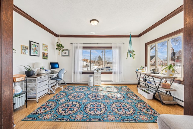 office space featuring plenty of natural light, wood-type flooring, and ornamental molding