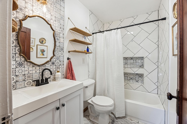 full bathroom with shower / bath combo with shower curtain, toilet, and vanity