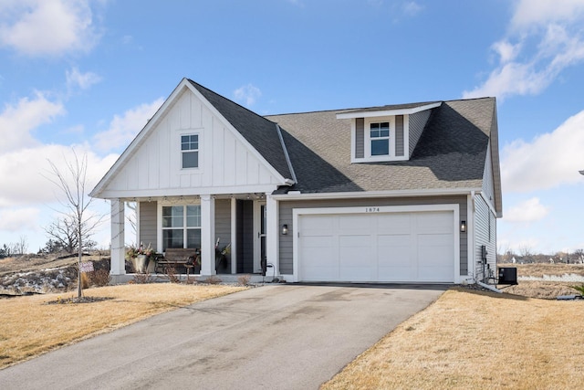 view of front of home with aphalt driveway, a porch, a shingled roof, board and batten siding, and a garage