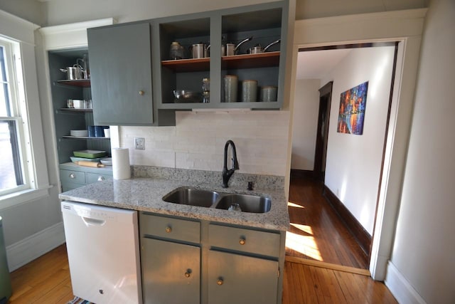 28 Saint Albans St N Unit 4N, Saint Paul, MN 55104 - kitchen with dishwasher, open shelves, a sink, and hardwood / wood-style flooring