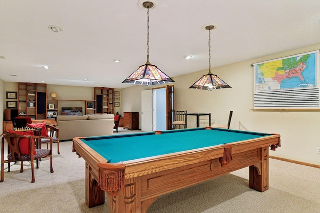 rec room with recessed lighting, light carpet, billiards, and baseboards