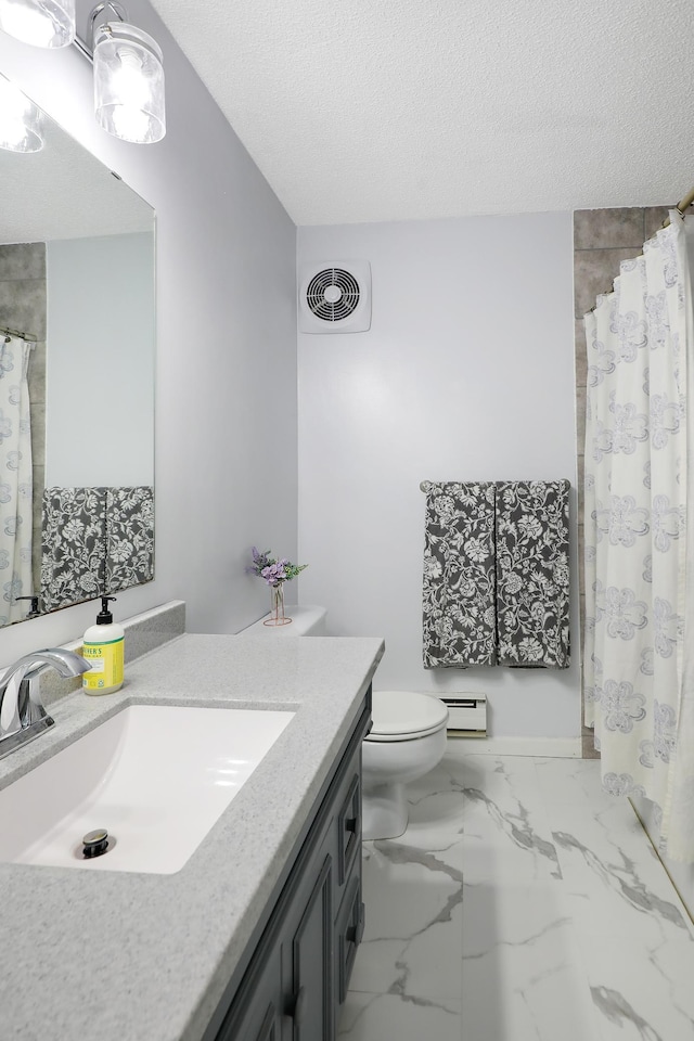 bathroom featuring a textured ceiling, a baseboard heating unit, vanity, visible vents, and marble finish floor