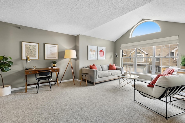 living room with vaulted ceiling, carpet flooring, baseboards, and a textured ceiling