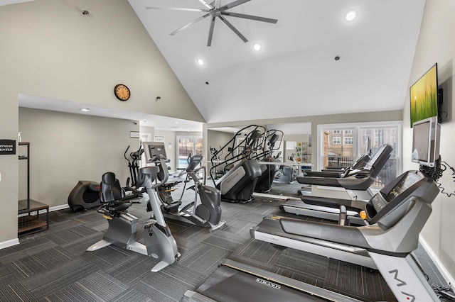 exercise room featuring high vaulted ceiling, baseboards, ceiling fan, and carpet floors