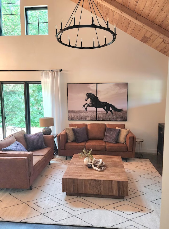 living area with high vaulted ceiling, wooden ceiling, and beam ceiling