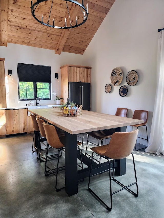 dining area featuring wood ceiling, finished concrete floors, high vaulted ceiling, and beamed ceiling