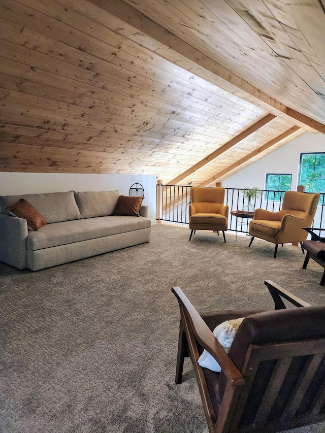 carpeted living area with lofted ceiling with beams and wood ceiling