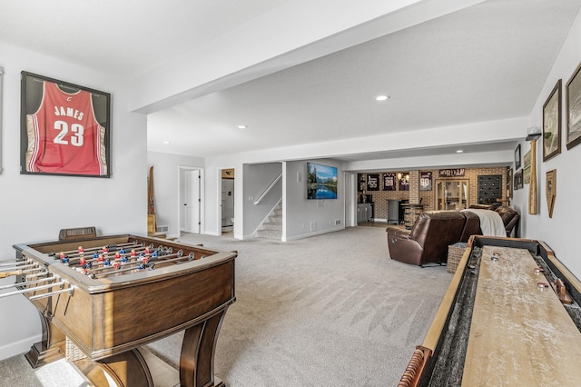 rec room with carpet floors, baseboards, and recessed lighting