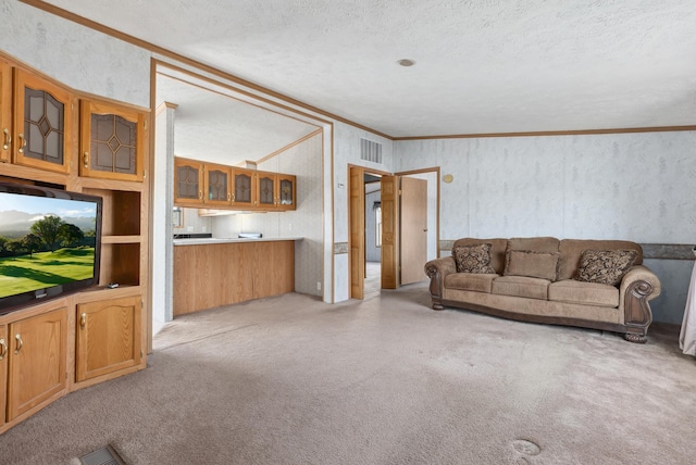 living area featuring light carpet, ornamental molding, a textured ceiling, and visible vents