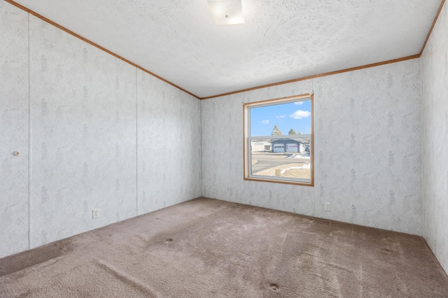 carpeted spare room featuring crown molding and a textured ceiling