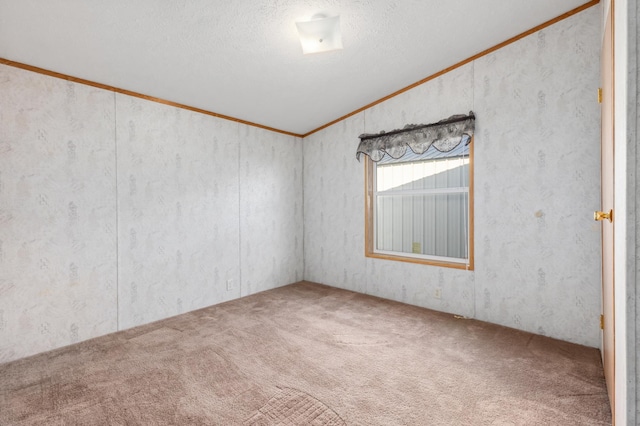 carpeted empty room featuring lofted ceiling, crown molding, and a textured ceiling