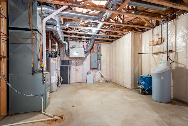 unfinished basement with heating unit, electric panel, and gas water heater