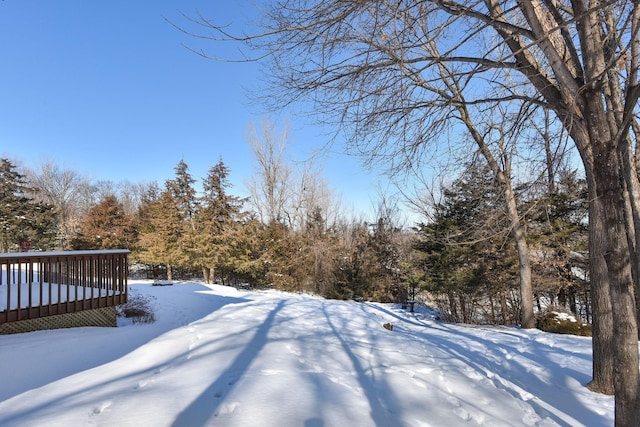 yard covered in snow with a wooden deck