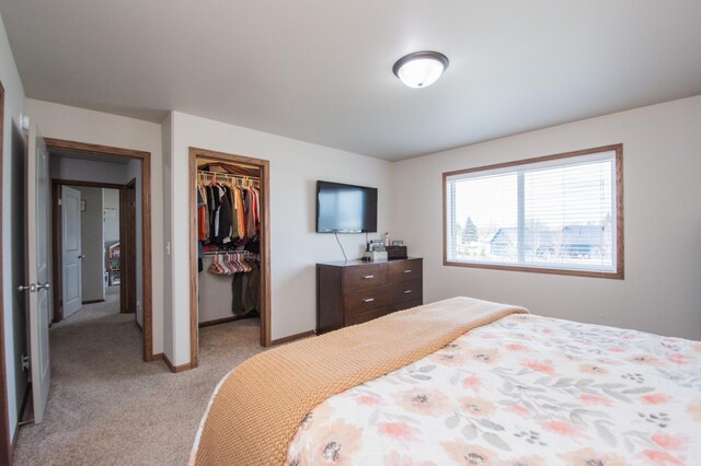 bedroom featuring a closet, a walk in closet, light carpet, and baseboards