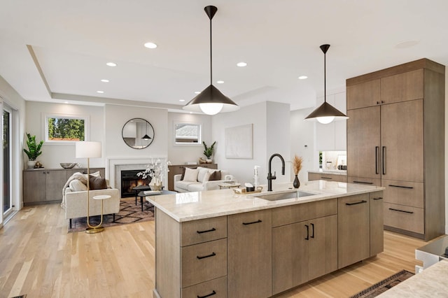 kitchen featuring a kitchen island with sink, light wood-style flooring, a sink, a fireplace, and a healthy amount of sunlight