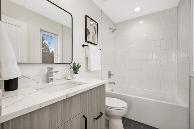 bathroom with vanity,  shower combination, recessed lighting, tile patterned floors, and toilet