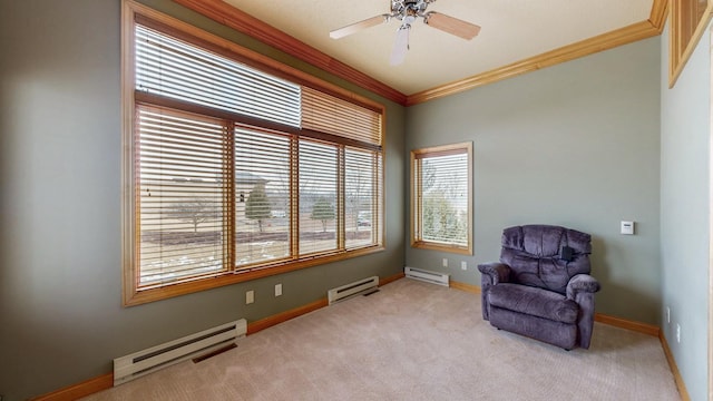 living area featuring carpet floors, ornamental molding, a baseboard radiator, and baseboards